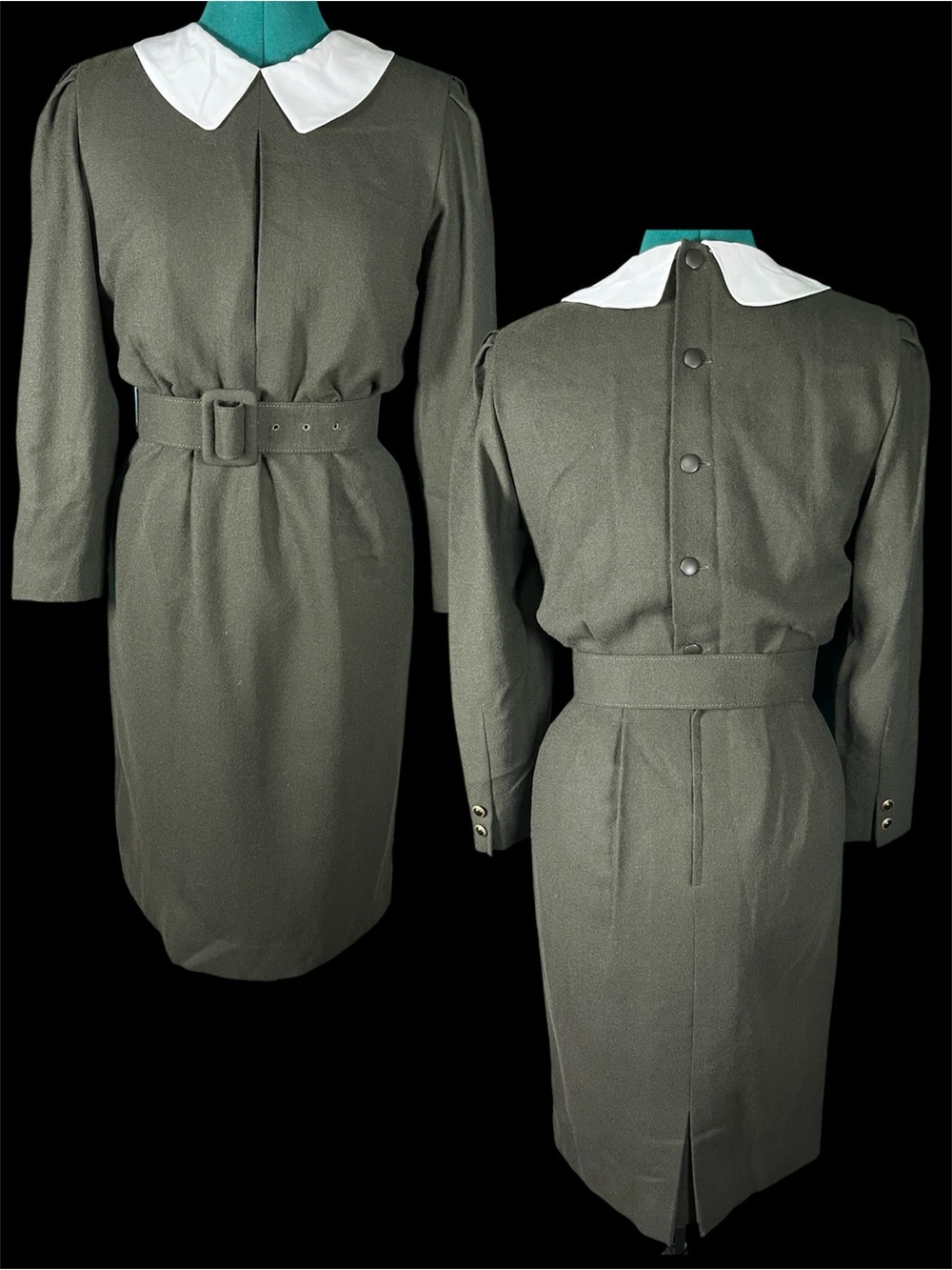 Classic Olive Green belted Dress with White Collar button up back
